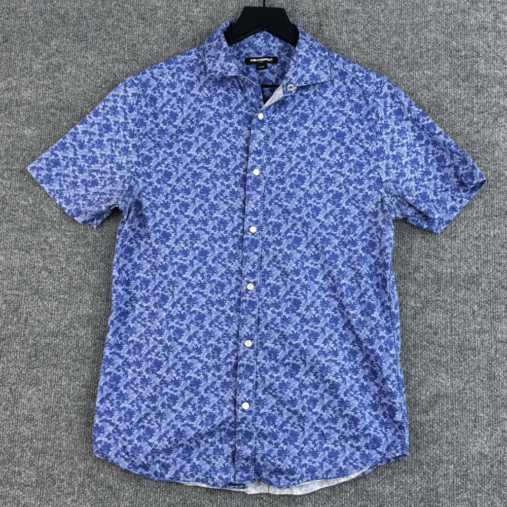 Karl Lagerfeld Snap Button Shirt Mens S Blue Digital Floral Camo Short Sleeve
